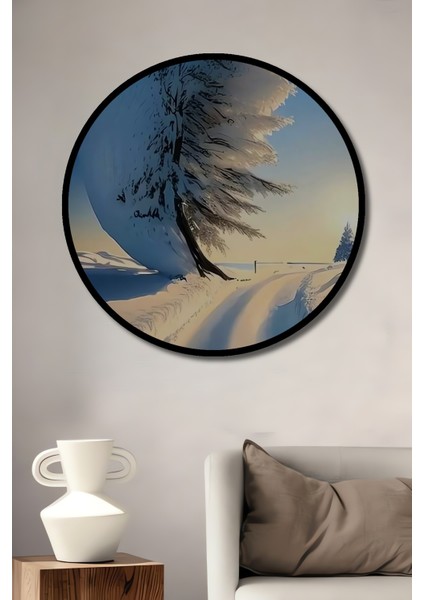 Buzlu Ağaç ve Kar Manzarası Yağlı Boya Görünümlü Dekoratif Ahşap Tablo Yuvarlak Tablo fiyatları