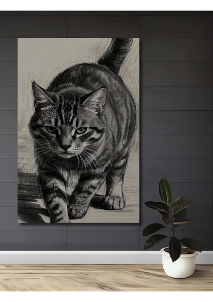 Kara Kalem Görünümlü Kedi Ahşap Dekoratif Tablo Dikdörtgen Tablo