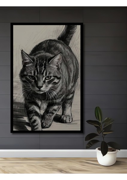 Kara Kalem Görünümlü Kedi Ahşap Dekoratif Tablo Dikdörtgen Tablo fiyatları
