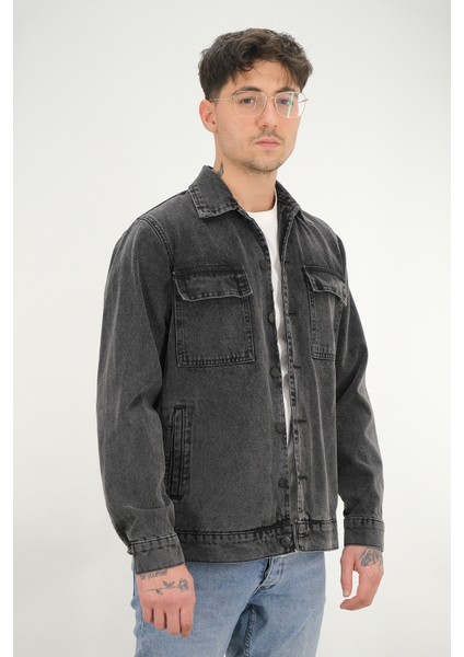 Erkek Siyah Yıkamalı Kot Ceket Rahat Kalıp Gömlek Yaka Kapaklı Çift Cep