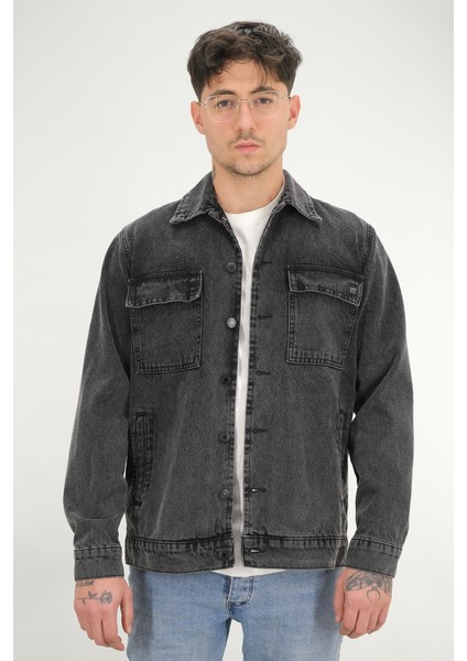 Erkek Siyah Yıkamalı Kot Ceket Rahat Kalıp Gömlek Yaka Kapaklı Çift Cep fiyatları