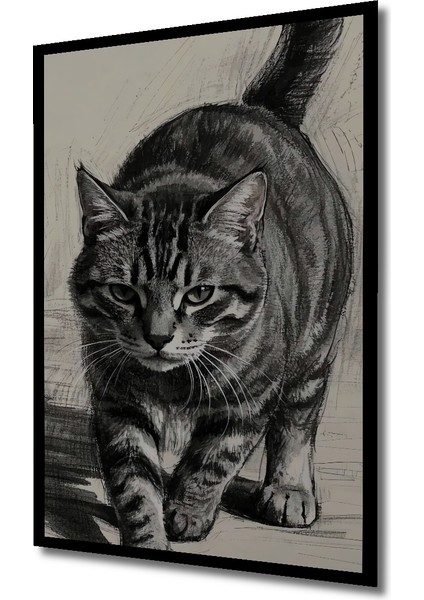 Kara Kalem Görünümlü Kedi Ahşap Dekoratif Tablo Dikdörtgen Tablo indirimleri
