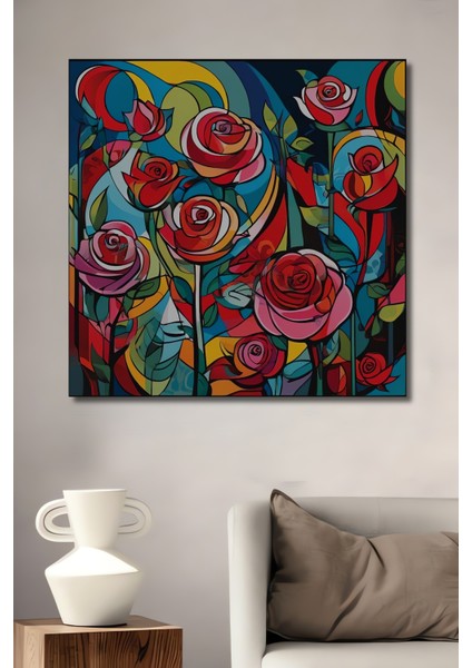 Canlı Renkler Gül Buketi Yağlı Boya Görünümlü Ahşap Dekoratif Tablo Dikdörtgen Tablo