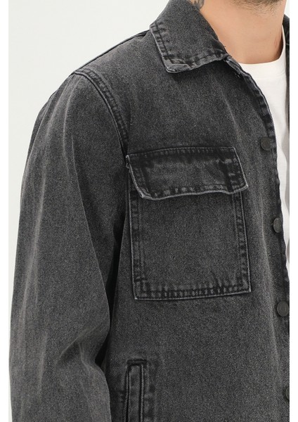 Erkek Siyah Yıkamalı Kot Ceket Rahat Kalıp Gömlek Yaka Kapaklı Çift Cep