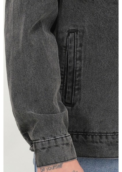 Erkek Siyah Yıkamalı Kot Ceket Rahat Kalıp Gömlek Yaka Kapaklı Çift Cep