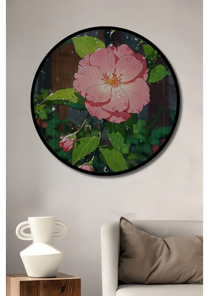 Pembe Gül Yağlı Boya Görünümlü Ahşap Dekoratif Tablo Yuvarlak Tablo fiyatları