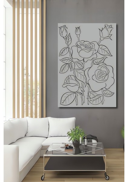 Beyaz Gül Kara Kalem Görünümlü Ahşap Dekoratif Tablo Dikdörtgen Tablo