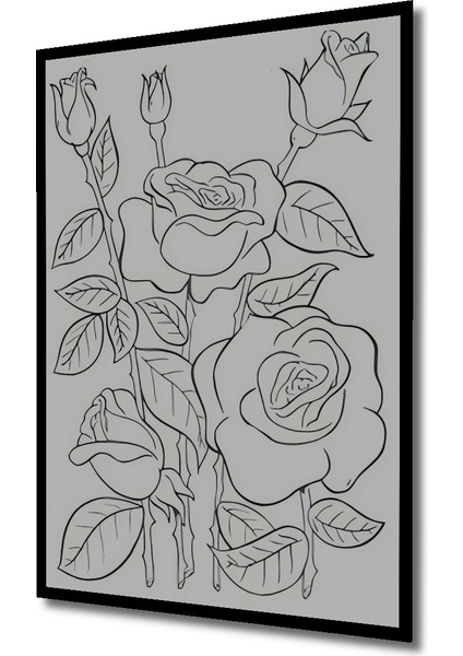 Beyaz Gül Kara Kalem Görünümlü Ahşap Dekoratif Tablo Dikdörtgen Tablo indirimleri