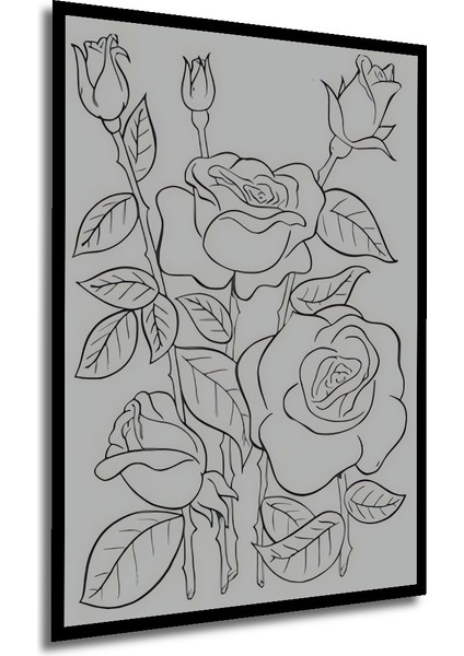 Beyaz Gül Kara Kalem Görünümlü Ahşap Dekoratif Tablo Dikdörtgen Tablo