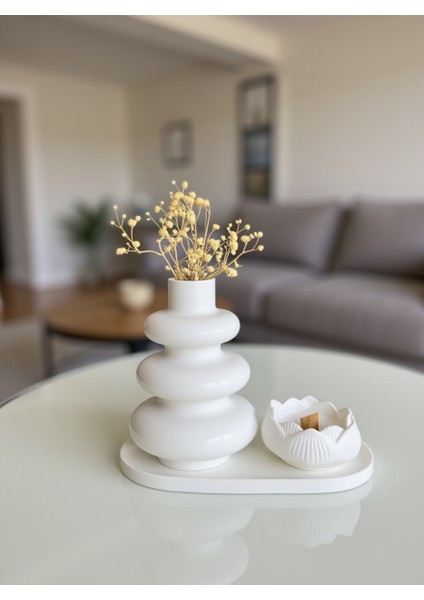 Modern Soft Dekor Seti – Vazo ve Mumluk Takımı - Beyaz (15X10 Cm)