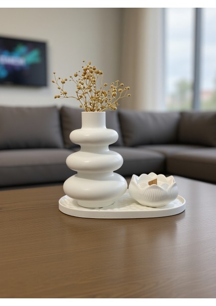 Modern Soft Dekor Seti – Vazo ve Mumluk Takımı - Beyaz (15X10 Cm) fiyatları