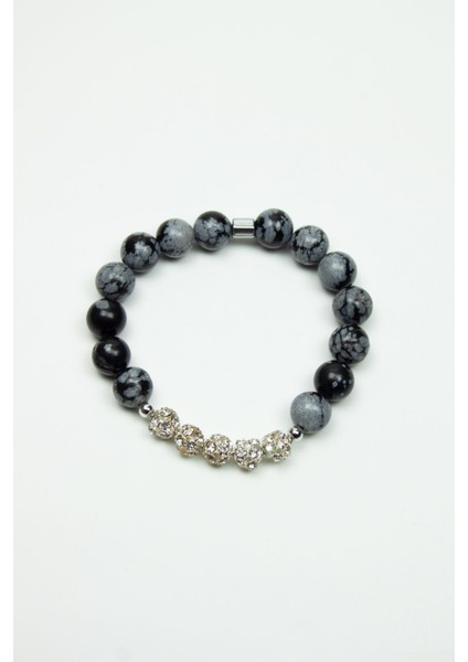Gümüş Renk Rondela Detay Obsidyen Doğaltaş Bileklik