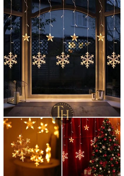 Kar Tanesi & Yıldız Perde LED Sarı Işık 8 Fonksiyonlu Fişli ve Eklenebilir Yılbaşı Işığı New Year modelleri