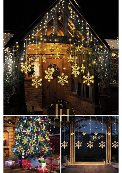 Kar Tanesi & Yıldız Perde LED Sarı Işık 8 Fonksiyonlu Fişli ve Eklenebilir Yılbaşı Işığı New Year fırsatları