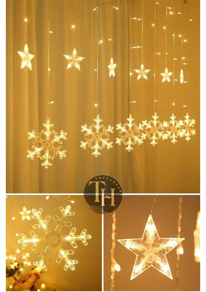 Kar Tanesi & Yıldız Perde LED Sarı Işık 8 Fonksiyonlu Fişli ve Eklenebilir Yılbaşı Işığı New Year indirimleri
