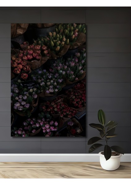 Muhteşem Buket Lale Yağlı Boya Görünümlü Ahşap Dekoratif Tablo Dikdörtgen Tablo