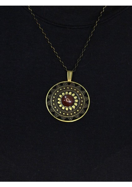 Doğal Taş Akik Doğal Taşlı Yuvarlak Model Antik Kadın Kolye EUK46A