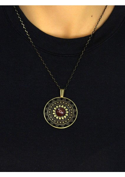 Doğal Taş Akik Doğal Taşlı Yuvarlak Model Antik Kadın Kolye EUK46A modelleri