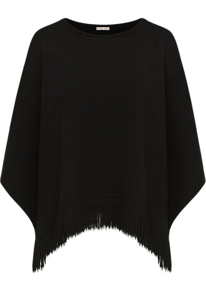 6987 Kadın Püskül Detaylı Triko Panço Kazak Siyah