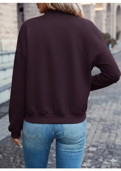 Kadın Uzun Kollu Önden Fermuarlı Cepli Modal Mürdüm Ceket modelleri