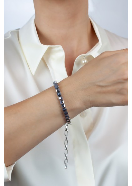 Küp Kristal Gümüş Zincir Bileklik