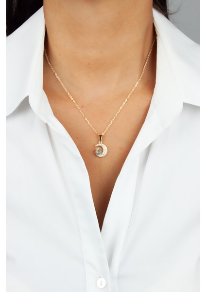 Zirkon Taşlı Hilal Figür Ince Zincir Kolye