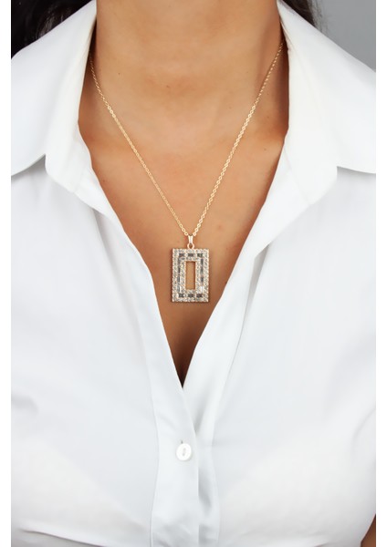 Zirkon Taşlı Dikdörtgen Uçlu Gold Ince Zincir Kolye
