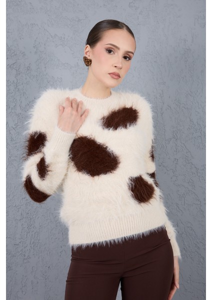 Ekru-Kahve Sakal Iplik Desenli Bisiklet Yaka Triko Kazak fiyatları