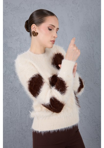 Ekru-Kahve Sakal Iplik Desenli Bisiklet Yaka Triko Kazak modelleri