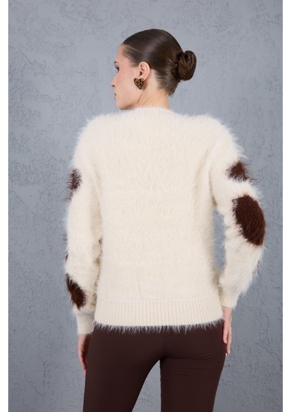 Ekru-Kahve Sakal Iplik Desenli Bisiklet Yaka Triko Kazak indirimleri