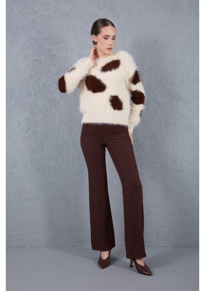 Ekru-Kahve Sakal Iplik Desenli Bisiklet Yaka Triko Kazak