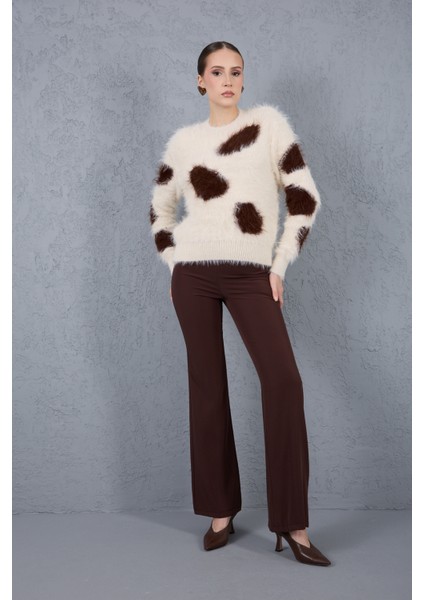 Ekru-Kahve Sakal Iplik Desenli Bisiklet Yaka Triko Kazak