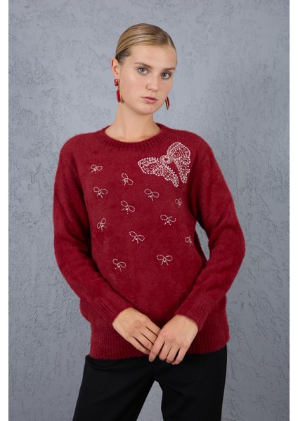 Kadın Bordo Sakal Iplik Boncuk Nakışlı Bisiklet Yaka Triko Kazak