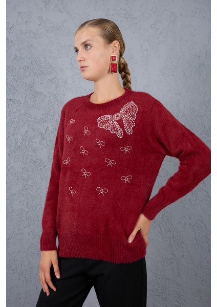 Kadın Bordo Sakal Iplik Boncuk Nakışlı Bisiklet Yaka Triko Kazak modelleri