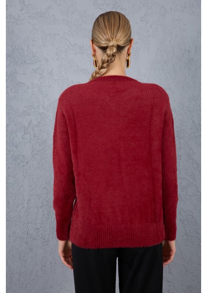 Kadın Bordo Sakal Iplik Boncuk Nakışlı Bisiklet Yaka Triko Kazak fırsatları