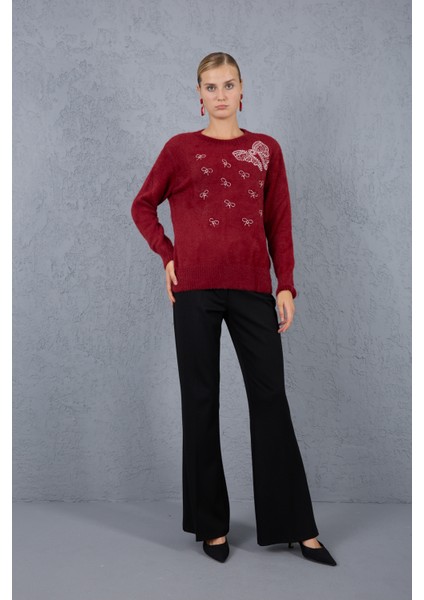 Kadın Bordo Sakal Iplik Boncuk Nakışlı Bisiklet Yaka Triko Kazak