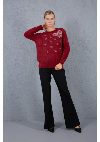 Kadın Bordo Sakal Iplik Boncuk Nakışlı Bisiklet Yaka Triko Kazak