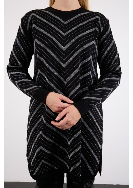 Kadın Siyah Yan Yırtmaçlı Bisiklet Yaka Sim Desenli Triko Bluz fiyatları