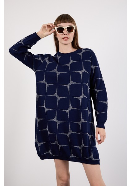 Kadın Koyu Laci Yan Yırtmaçlı Bisiklet Yaka Sim Desenli Triko Bluz