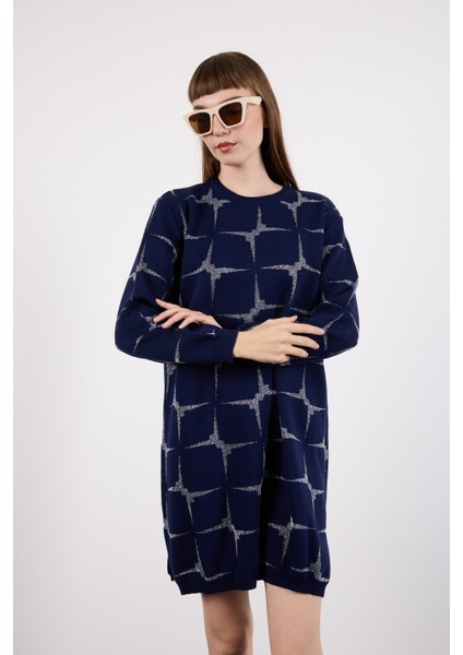 Kadın Koyu Laci Yan Yırtmaçlı Bisiklet Yaka Sim Desenli Triko Bluz fiyatları