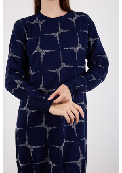 Kadın Koyu Laci Yan Yırtmaçlı Bisiklet Yaka Sim Desenli Triko Bluz modelleri