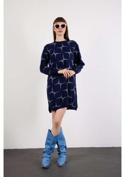 Kadın Koyu Laci Yan Yırtmaçlı Bisiklet Yaka Sim Desenli Triko Bluz indirimleri