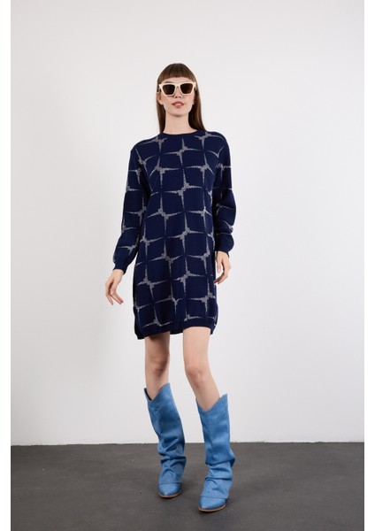 Kadın Koyu Laci Yan Yırtmaçlı Bisiklet Yaka Sim Desenli Triko Bluz