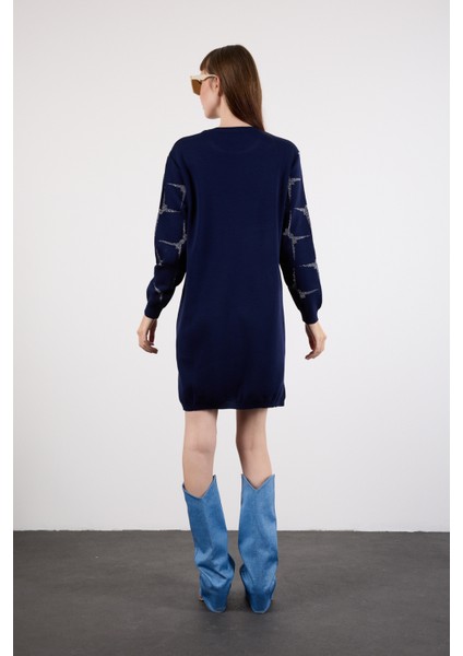 Kadın Koyu Laci Yan Yırtmaçlı Bisiklet Yaka Sim Desenli Triko Bluz