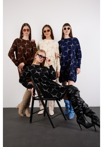 Kadın Koyu Laci Yan Yırtmaçlı Bisiklet Yaka Sim Desenli Triko Bluz