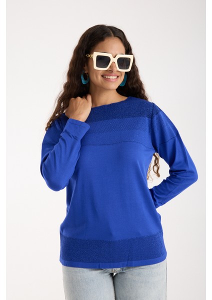 Kadın Saks Mavisi Viskon Kumaş Kayık Yaka Simli Triko Bluz