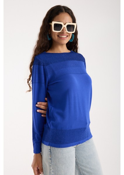 Kadın Saks Mavisi Viskon Kumaş Kayık Yaka Simli Triko Bluz fiyatları