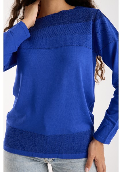 Kadın Saks Mavisi Viskon Kumaş Kayık Yaka Simli Triko Bluz modelleri
