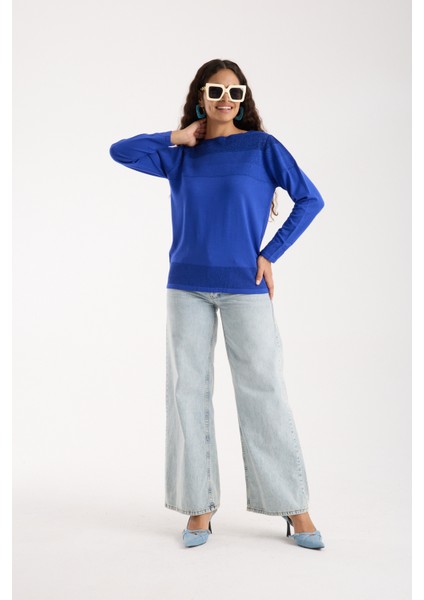 Kadın Saks Mavisi Viskon Kumaş Kayık Yaka Simli Triko Bluz
