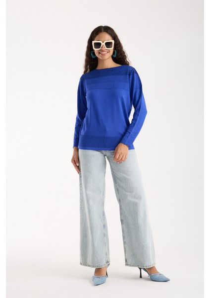 Kadın Saks Mavisi Viskon Kumaş Kayık Yaka Simli Triko Bluz